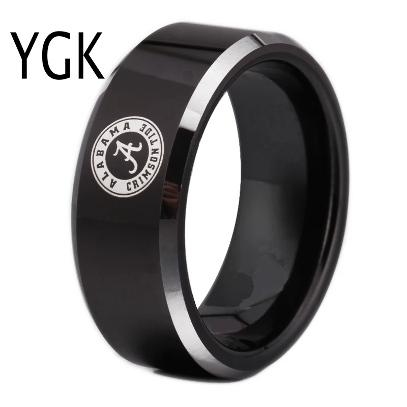 

Free Shipping Customs Engraving Ring Hot Sales 8MM Black With Shiny Edges Alabama Design Tungsten Wedding Ring
