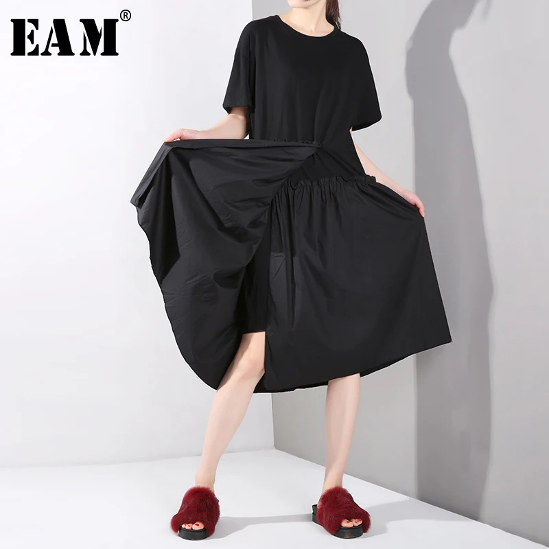 

[EAM] 2019 New Spring Summer Round Neck Short Sleeve Pleated Irregular Stitch Big Size Temperament Dress Women Fashion JU753