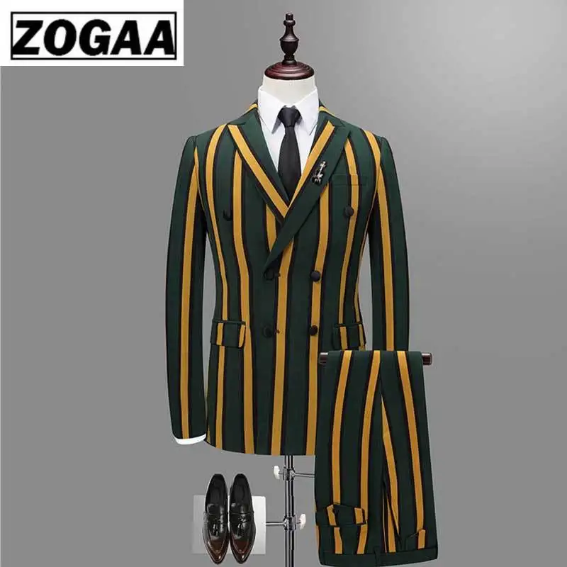 

ZOGAA 2019 Vertical Stripe Men Business Suit Male Thin Double Breasted Jacket Men's Fashion Vest + Pants + Jacket 3PCS Suit