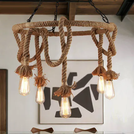

American Village Retro Candle Hemp Rope LED E27 Industrial Iron Chain Pendant Lights Creative Vintage Home Lighting Fixture