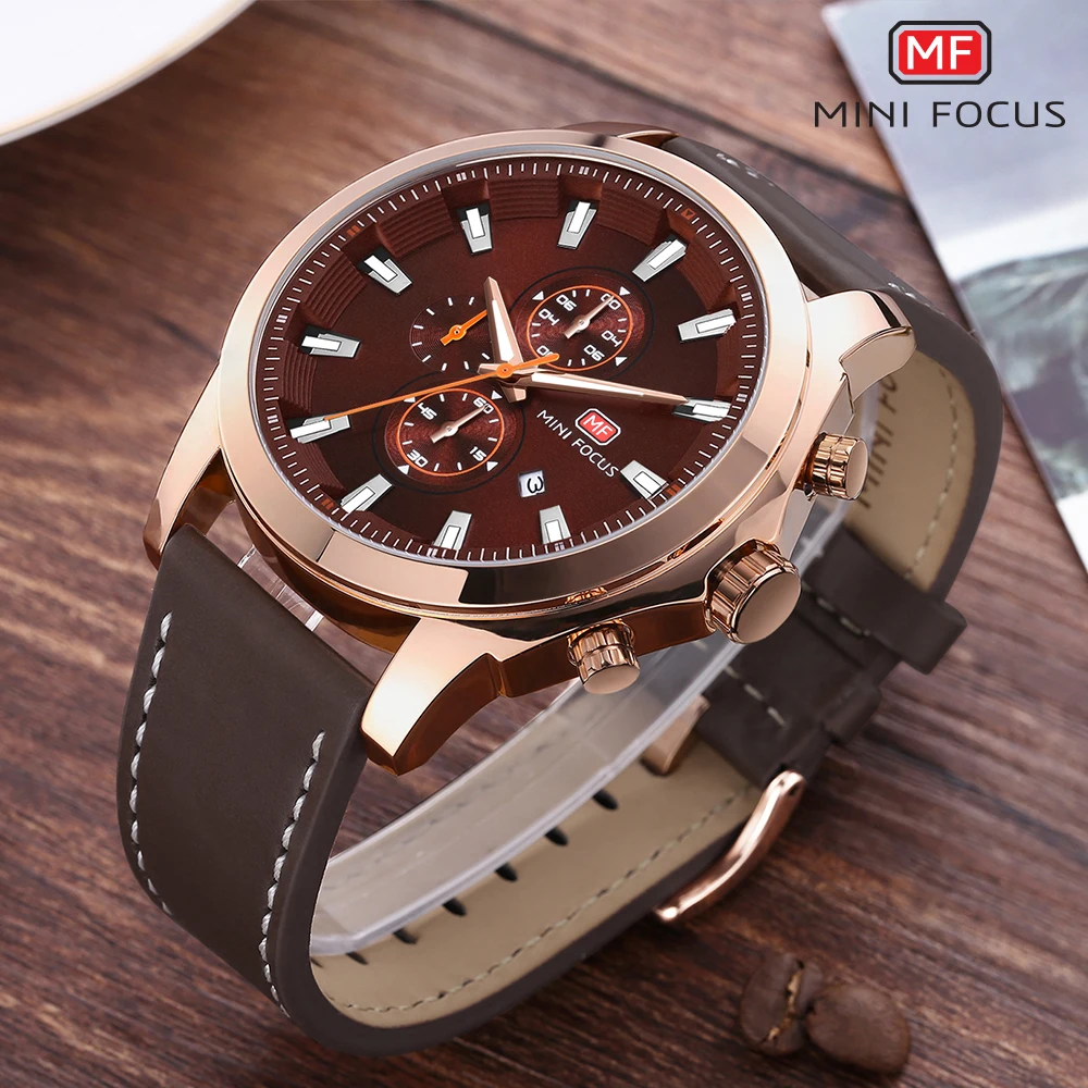 

MINI FOCUS 2019 Fashion Casual Quartz Watch Men Brown Leather Strap Waterproof Sport Chronograph Business Wrist Watches Clock