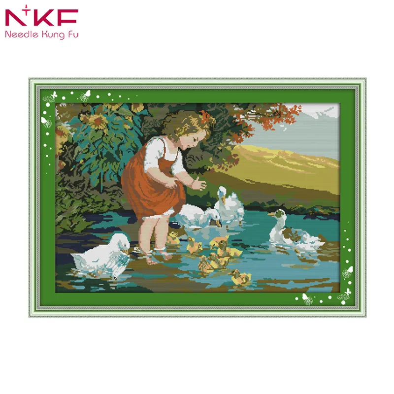 

The little girl and ducks in pool counted print on canvas DMC 14CT Cross Stitch kits,embroidery needlework Set,handmade Decor