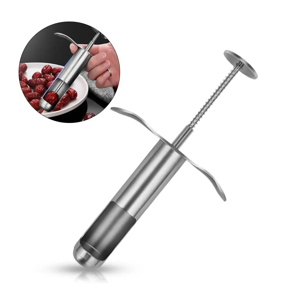 

304 Stainless Steel Spring Push Type Jujube Skin Cherry Olive Syringe Shape Manual Core Remover Strong Corrosion Resistance
