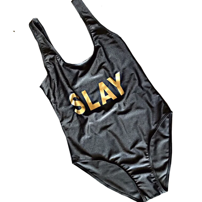 SLAY Gold Letter Print Funny Swimsuit One Piece Swimwear SWIMSUIT Women