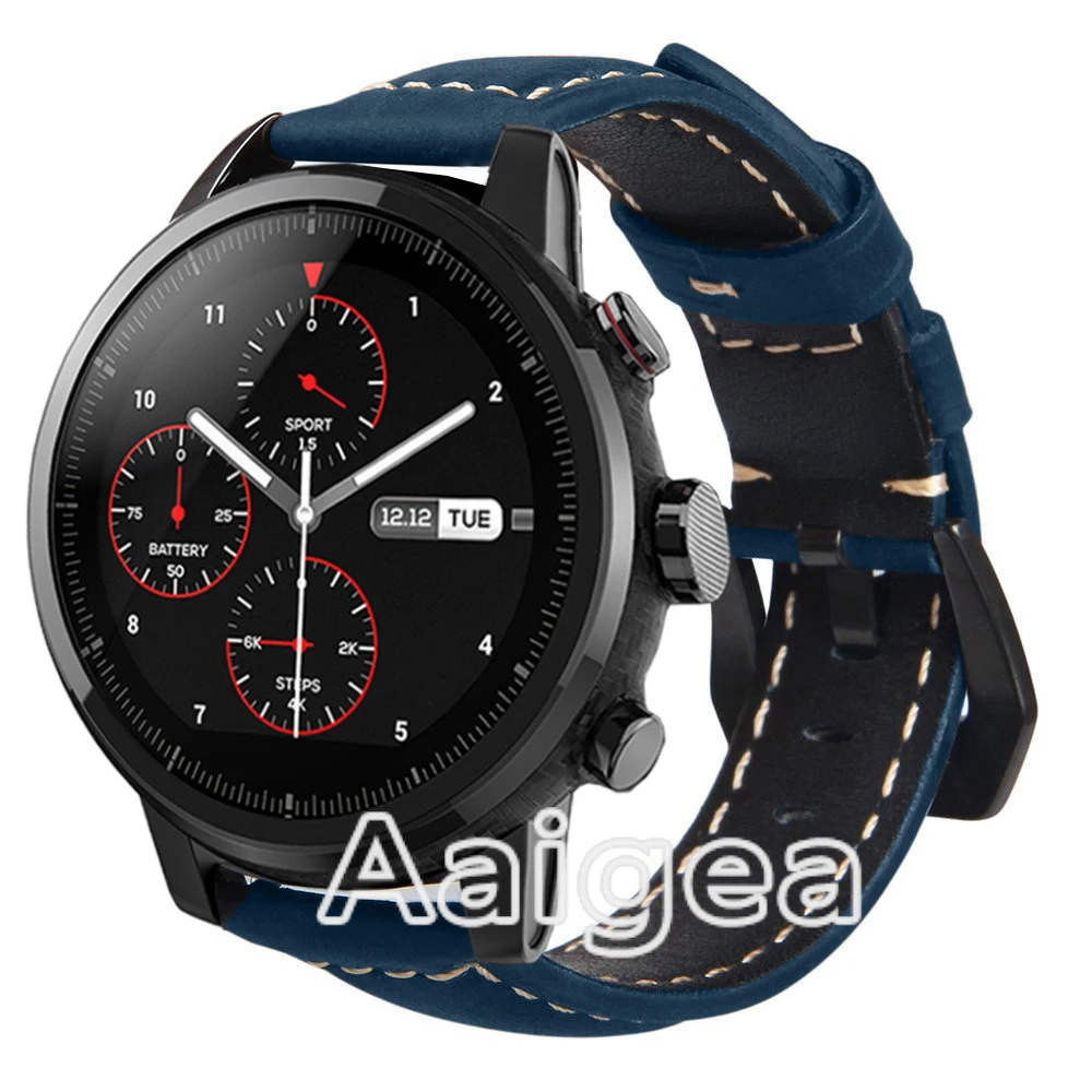 Модные кожаные часы ремешок для Xiaomi Huami Amazfit Strato спортивные часы 2 классическая черная Пряжка замена Браслет ремешок - Цвет: Синий