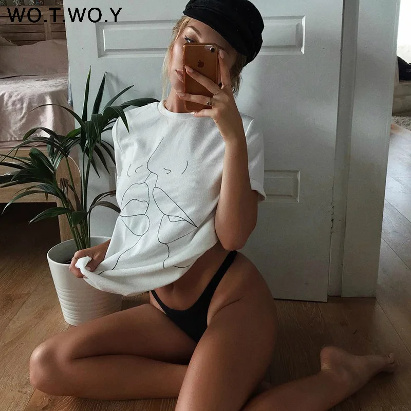 WOTWOY Tumblr Lips футболка женская летняя с круглым вырезом повседневные топы с принтом женская хлопковая с коротким рукавом забавная футболка Женская Harajuku