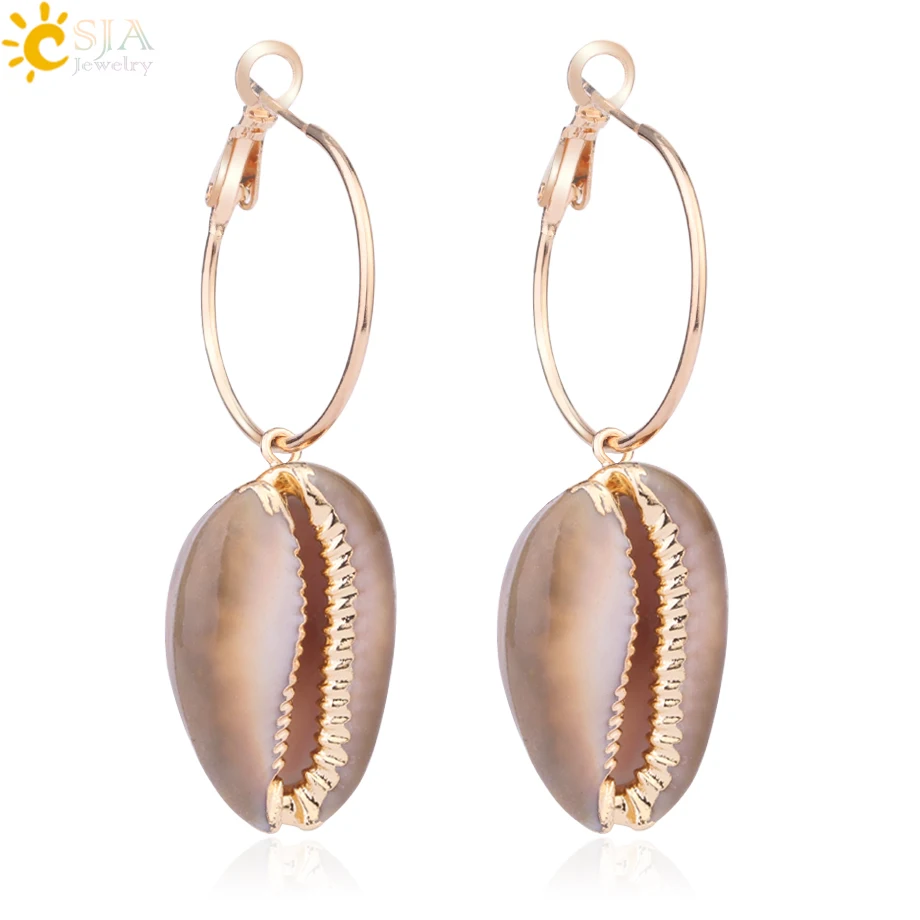 

CSJA Natural Cowrie Shell Earrings Conch Shells Pendant Gold Color Hoop Earrings for Women Girls Boho Statement Ear Jewelry G006