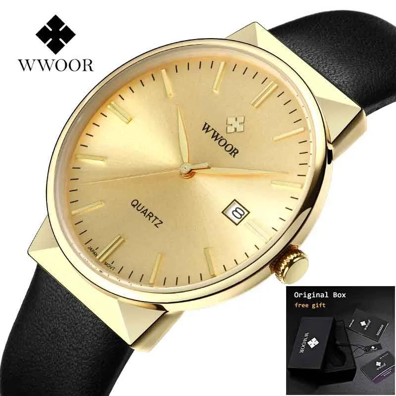 

WWOOR Watch Men 2019 Top Brand Luxury Business Men's Genuine Leather Strap Date Wrist Watches Gold Wristwatch Mens montre homme