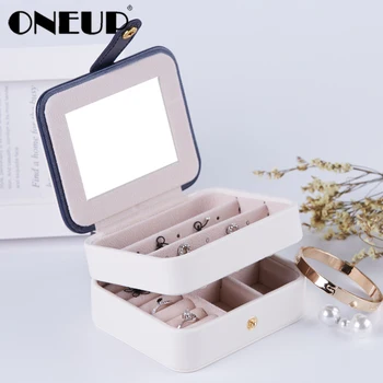 

ONEUP Women Mini Stud Earrings Rings Jewelry Box for Makeup Organizer Case With Zipper Travel Leather Portable Jewelry Box Gift