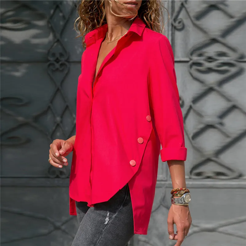 VZFF Women Blouse 2019 Autumn And Winter Fashion Office Irregular Shirts Button Solid Color Casual Shirt Women