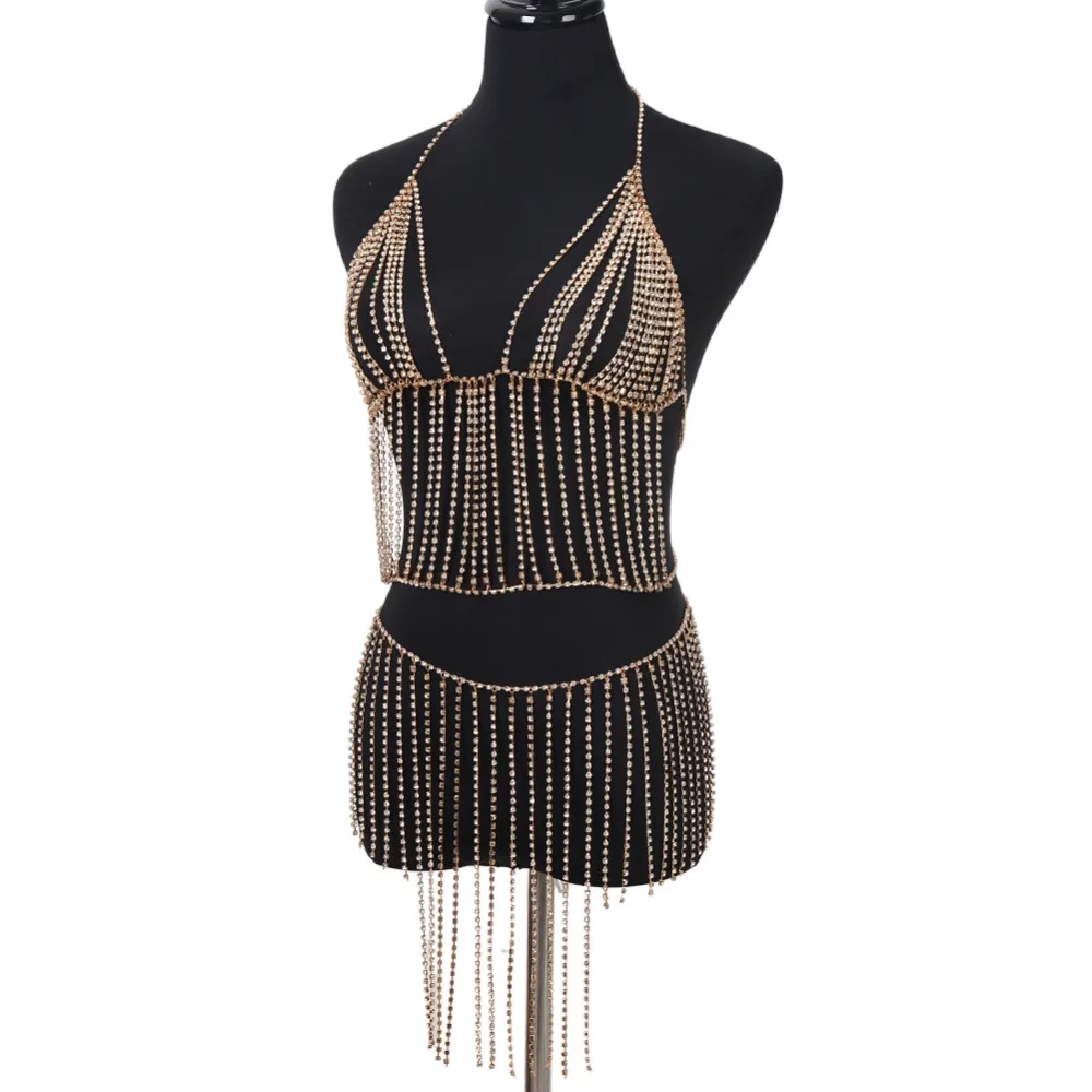 

European And American Nightclub Exaggerated Full Drill Flash Fringed Chest Chain Fashion Jewelry Products Body Chain 1suit