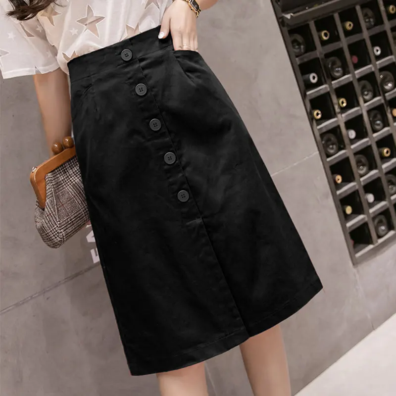 

Front Buttons Skirt Summer Ladies A-line 2018 New Medium Long Style Thin Split Wrap Hip High Waist Fashion Skirts