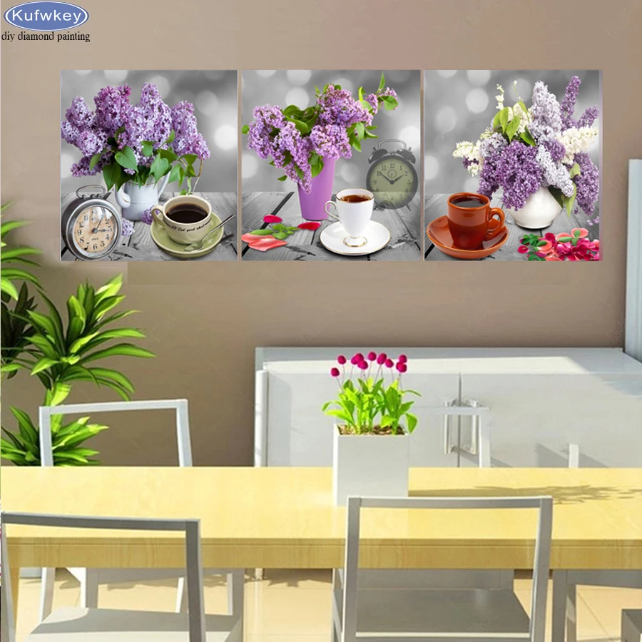 

3pcs set 5D DIY Diamond Painting Puple Flower Coffee clock Cross Stitch Mosaic paintings rhinestone embroidery home Decor