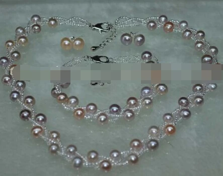 

Jewelry 001489 Pink&purple 3line freshwater pearl set Necklace Bracelet and Earring (0430)