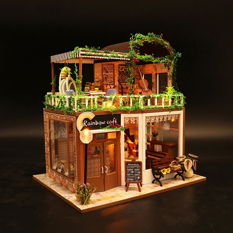 DIY кукольный домик кафе миниатюрные кукольные домики строительные наборы сборные игрушки деревянный кукольный домик ручной работы Пазлы мебель дом игрушка