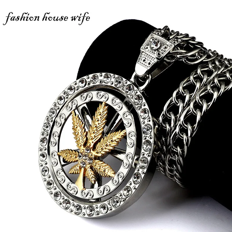 

Fashion Maple Leaf Pendant Necklace Men Hip Hop Crystal Round Circle Long Necklace Link Chain Rapper Jewelry Party LN0187