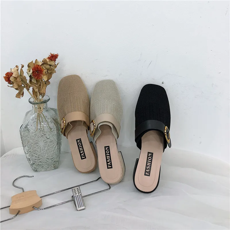 

Lady Shoes Without Heel Med Women's Slippers 2019 Designer Slides Square Toe Baby Flat New Luxury Cover Sliders Scandals Rubber