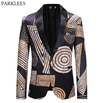 

Stylish Geometric Print One Button Blazer Jacket Men 2019 Brand Shawl Collar Slim Fit Mens Blazers Party Casual Blazer Masculino