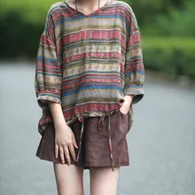 Осенняя женская футболка, свободные ретро топы, новинка, v-образный вырез, в полоску, геометрический рисунок, Смешанная, повседневная женская футболка на шнурке, Топы