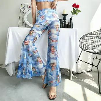 

Women High Waist See Through Flared Pants Cover Up Summer Beach Print Long Pants Trousers