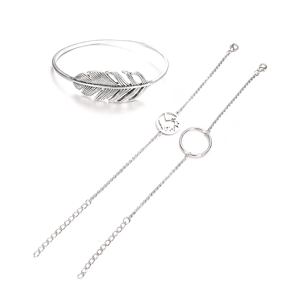 

3 PCS/Set Vintage Feather Earth Map Circle Round Charm Bracelets For Women Multilayer Pendant Silver Bracelet Set Boho Jewelry