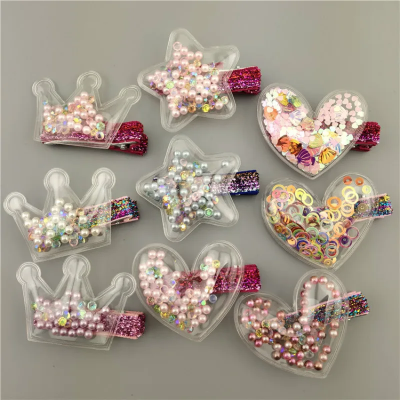 

Cute Girls Hair Clip Shiny Star Princess Crown Hairpin Transparent Pu With Colorful Sequin Pearls Barrettes Hair Accessories