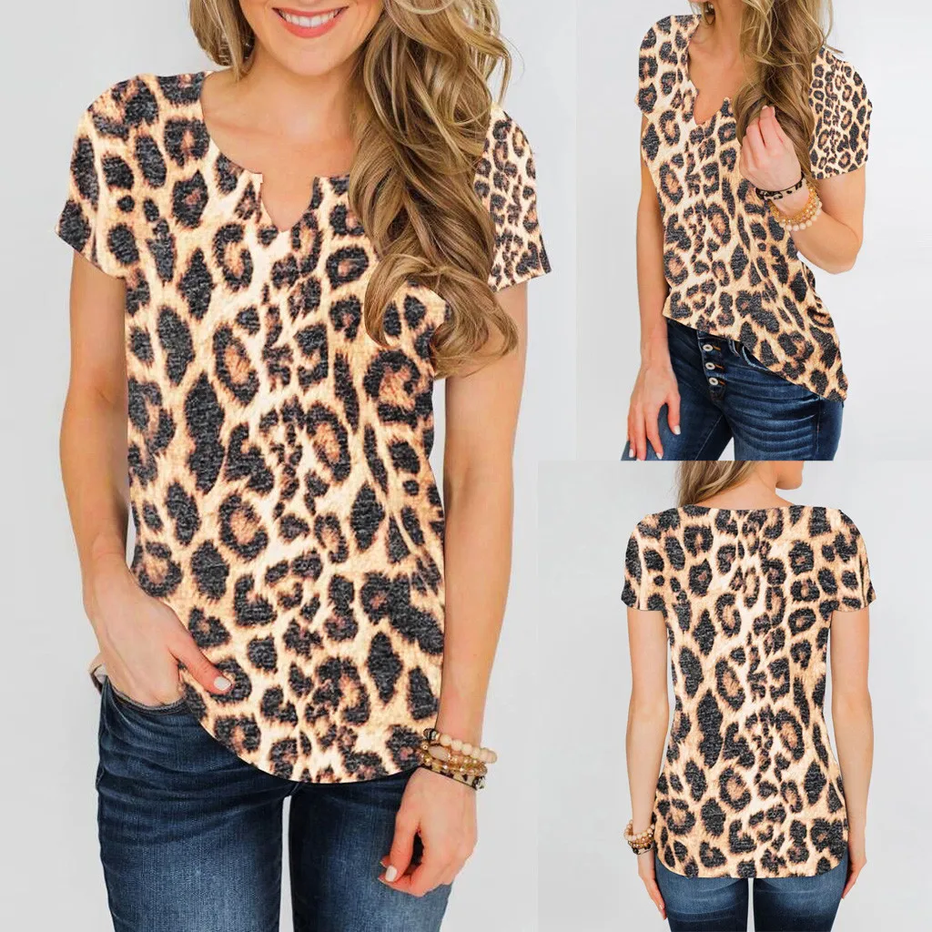 

Summer ladies T-shirt fashion v-neck leopard print short-sleeved comfortable shirt t-shirt Zomer dames t-shirts#10-12