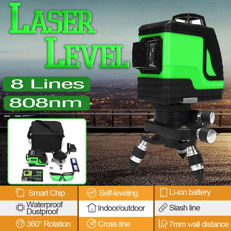 

8 Lines Green Cross Line Laser Level 808nm 3D 360 Degree Rotation Auto Self-Leveling Horizontal Vertical Indoor/Outdoor