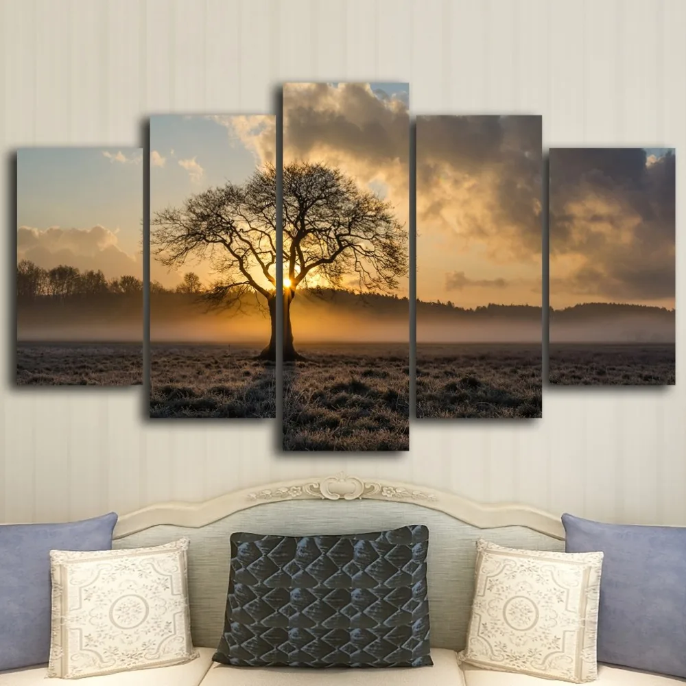 

Canvas Painting Vintage HD Wall Art Frame Printed Pictures 5 Panel Poster Sunrise Tree Landscape Photo For Living Room Decor