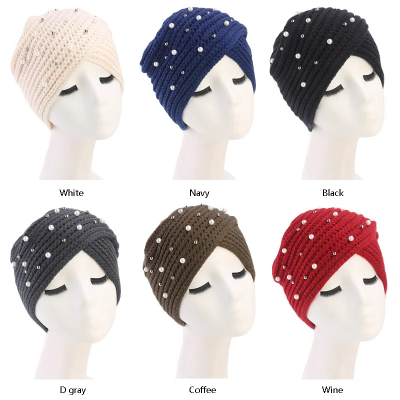 

Muslim Women Pearl Bead Winter Warm Wool Knit Turban Hat Cancer Chemo Beanie Sleep Headwear Wrap Plated Hair Accessories