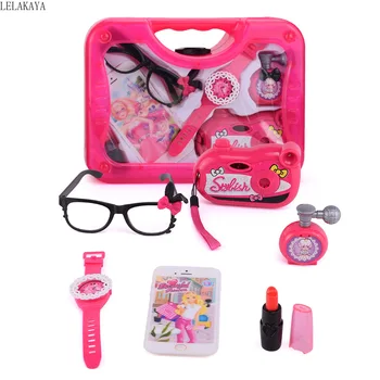 

Mini Cartoon Plastic Make Up Toys Set Role Play Simulation Electric Hair Dryer Cosmetic Bag Beauty Fashion Pretend Play Doll