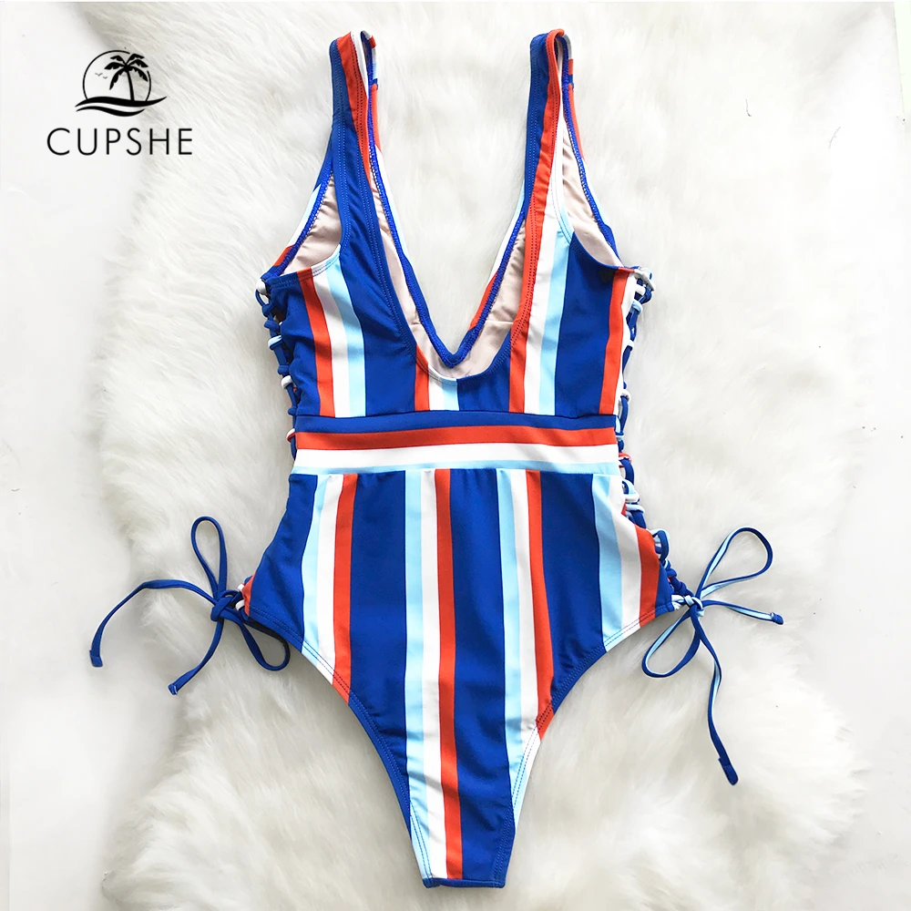 Billig Cupshe Spitze Up Striped einteiliges Badeanzug Frauen Dünne V ausschnitt Sexy Body Bademode 2020 Neue Mädchen Strand Badeanzug monokinis