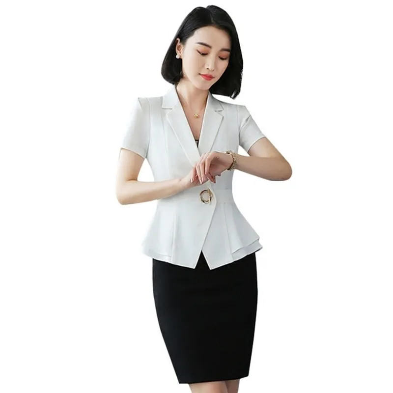 Fmasuth Summer Skirt Suit Short Sleeve White Jacket Blazer+Black Skirt