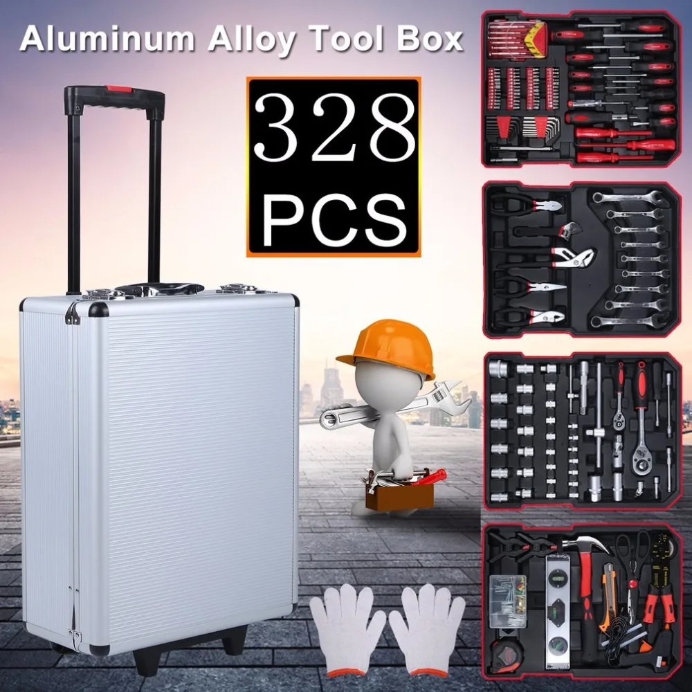 

328 Pcs/Set Aluminum Alloy Trolley Case Home Auto Repair Car Care Maintenance Hardware Tool Box Set Workshop Equipment