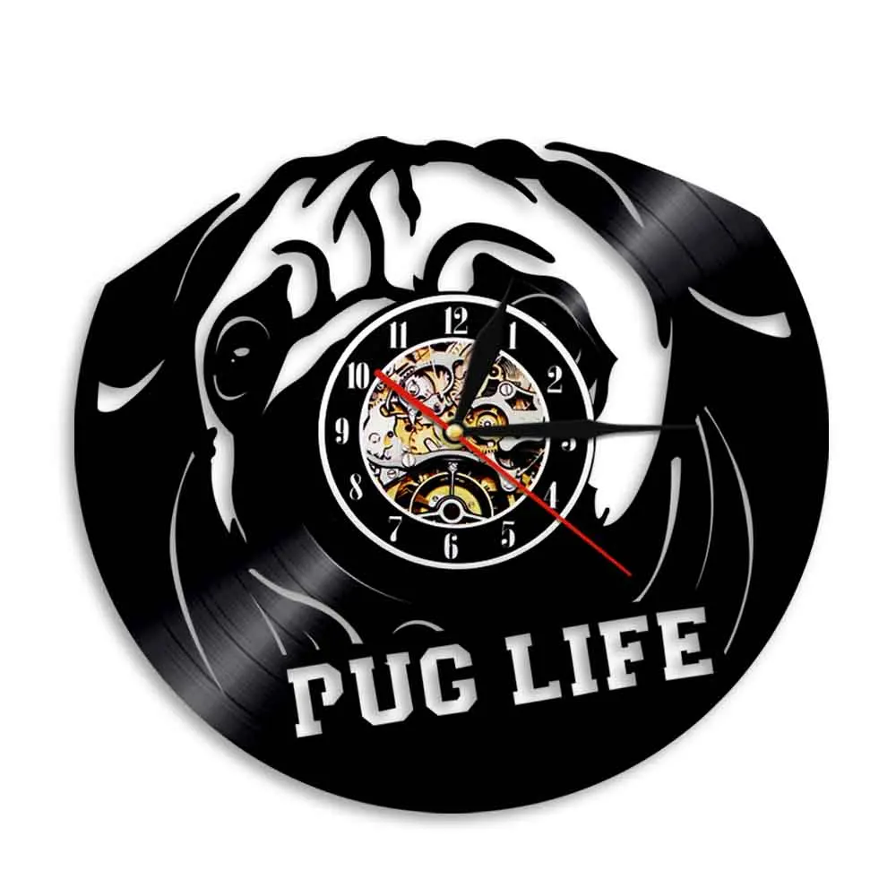 1Piece Pet Puppy CD Retro Time Clocks Pug Life Dog Cute Vintage Vinyl Record Wall Clock Creative