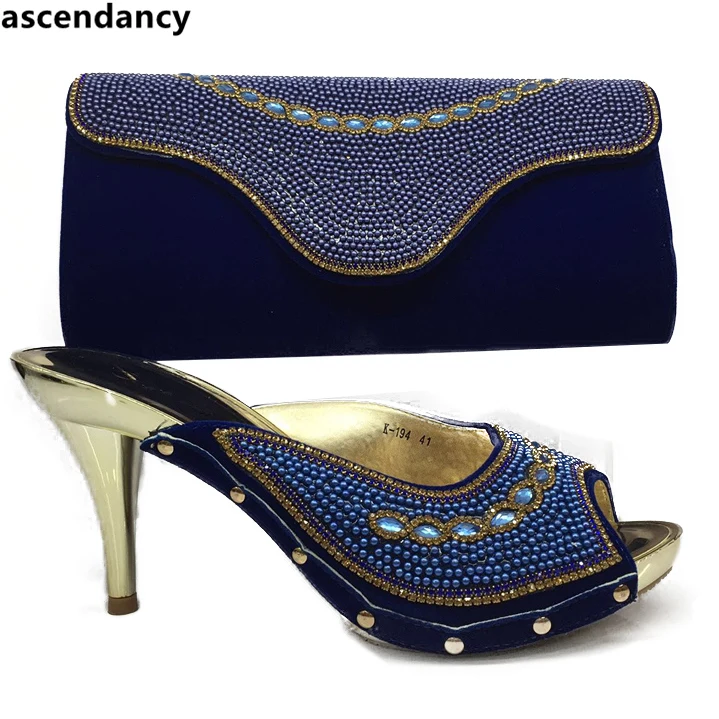 

Blue Color Italian Ladies Shoes and Bag Set Deocrated with Rhinestone High Quality African Shoes and Bag Set for Party In Women
