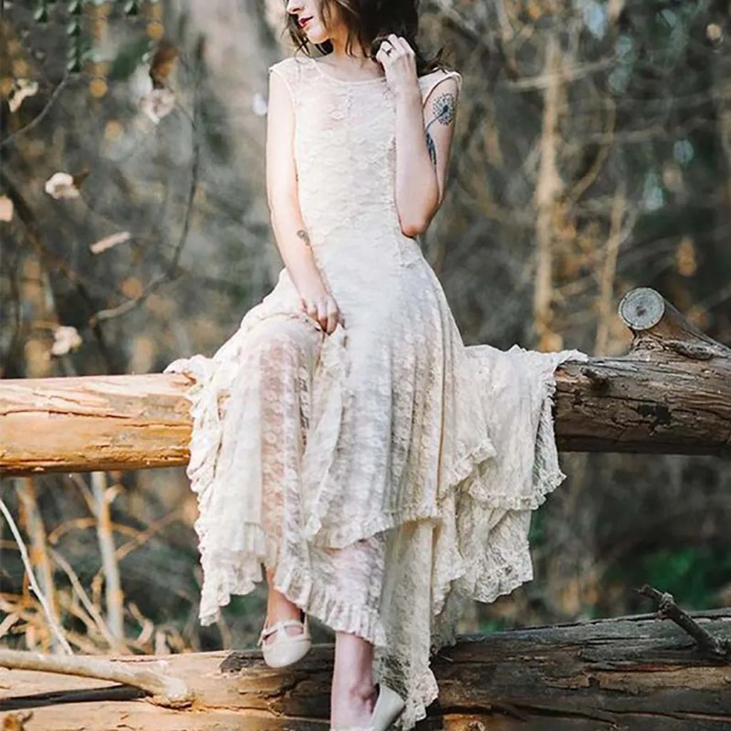 

Summer Women's Sexy Maxi Dress Boho Irregular Lace Double Layered Ruffled Trimming Evening Party Long Dress Women Clothes