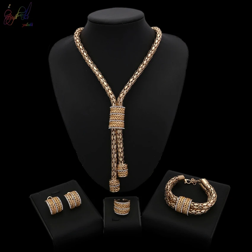 

YULAILI New Unique Design Long Necklace Stud Earrings Bridal Jewelry Sets Wedding Accessories for Women