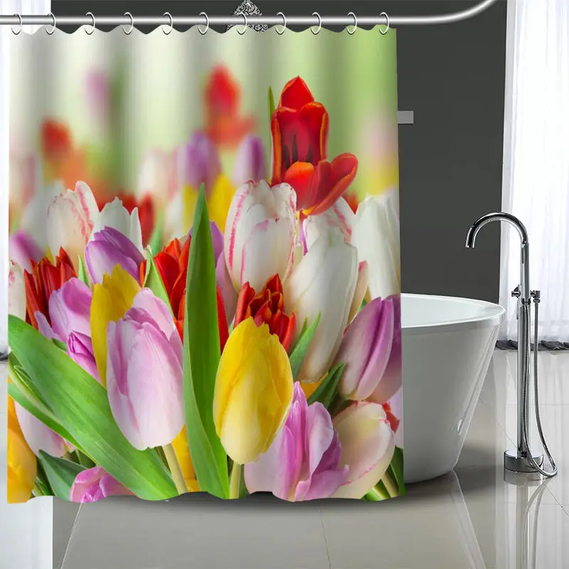 Custom tulip flower Shower Curtain Polyester Bathroom Waterproof With Plastic Hooks More Size | Дом и сад