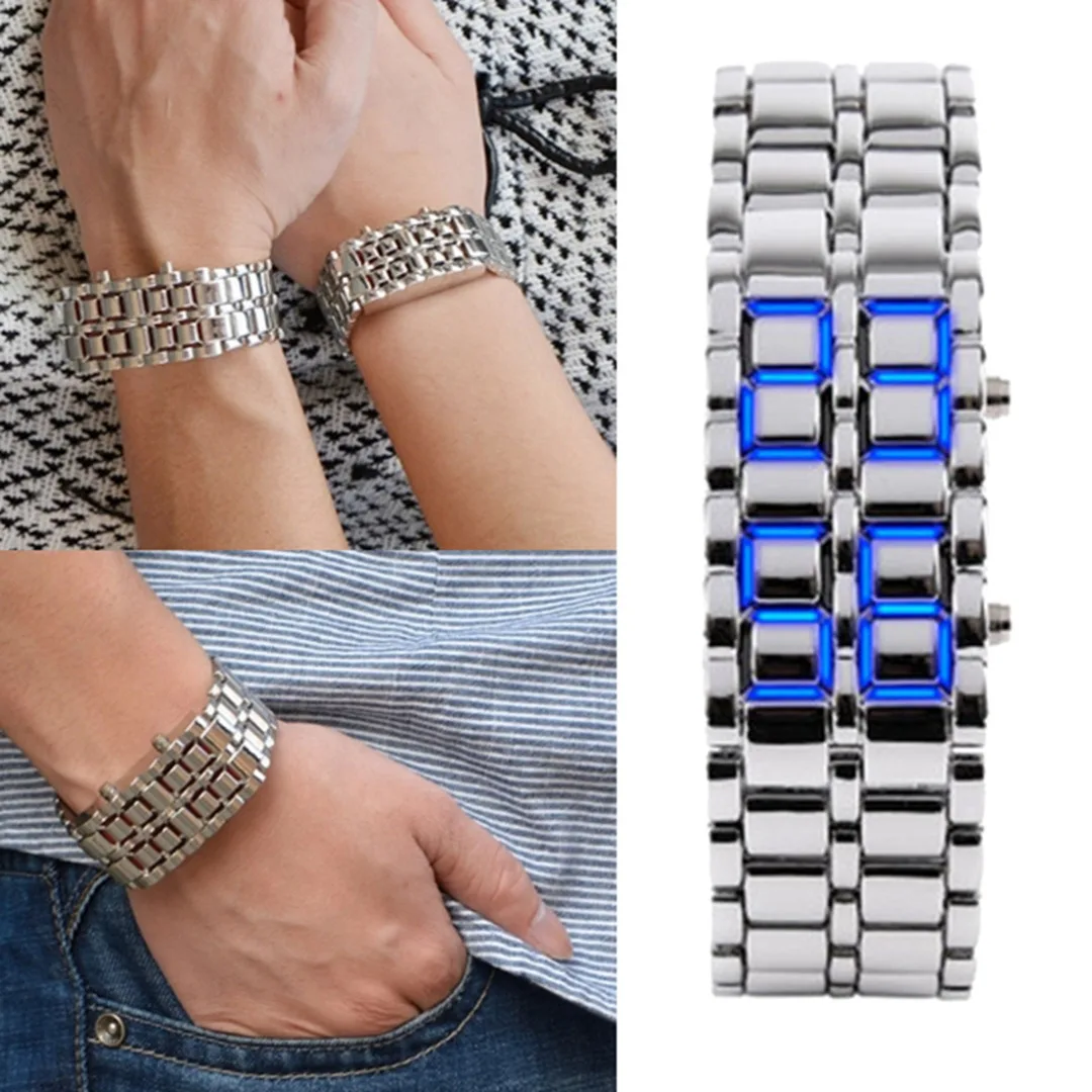 160Silver Blue Light Lava Iron Самурайские часы для мужчин из нержавеющей стали светодиодный цифровые часы для мужчин спортивные часы электронные часы reloj hombre relogio masculino - Цвет: 160Silver Blue Light