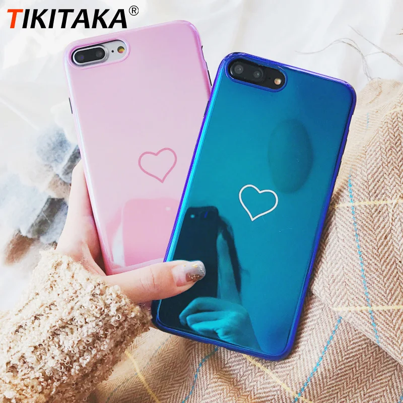 

Blu-Ray Laser Mirror Phone Case For iPhone 6s Plus Luxurious Simple Love Heart Soft TPU Blue Pink Fundas For iPhone 7 8 7 Plus X