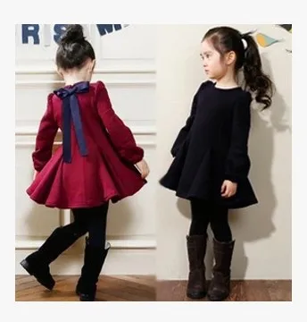 

Girl Dresses 2014 Spring Autumn Kids Girls Bow Dress Solid Color Long-Sleeved Dress