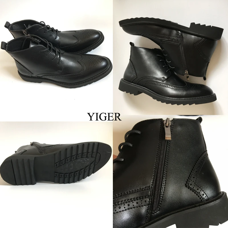 YIGER NEW Men Boots Genuine Leather Boots Large Size Men Casual Lace-Up Bullock Black Spring/Autumn Ankle boots