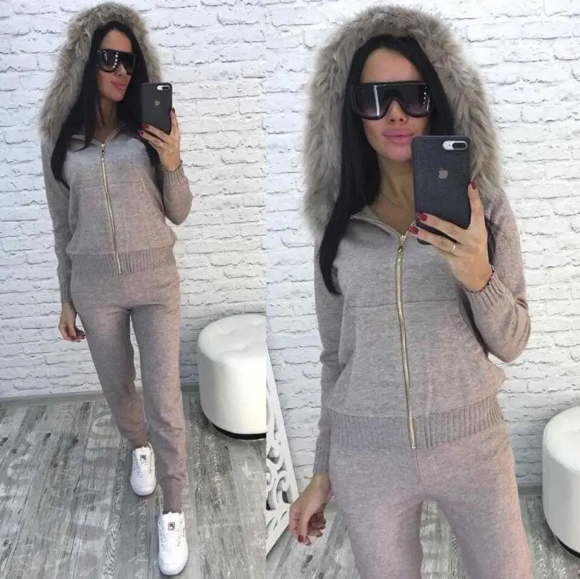 

New Women two-piece sets Faux fur collar long sleeve hooded casual knit suit fashion slim explosions knitted trousers free size