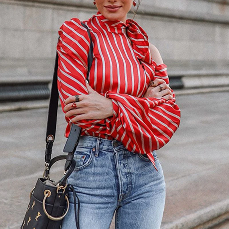 Lantern sleeve red striped blouse One shoulder hollow out