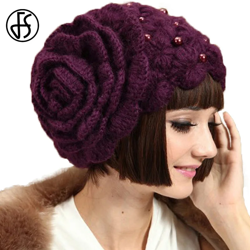 

FS Elegant Wool Knit Beanies Purple Flowers With Beaded Autumn Winter Women Cap Fashion Red Beige Black Bonnet Femme Hiver