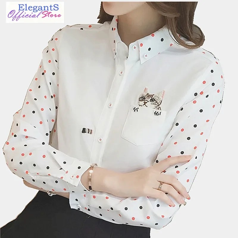 

Women Blouse Polka Dot Shirt Harajuku Cat Embroidery Japanese Lapel Collar Long Sleeve Shirts Mori Girl Casual Cartoon Tops