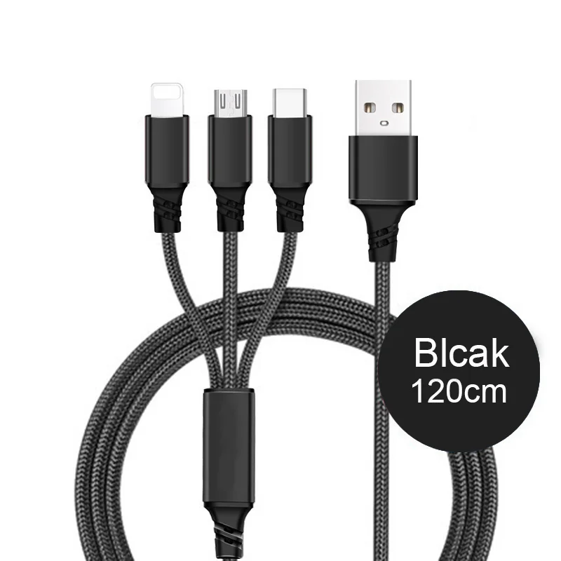 Cabo do Carregador 3in1 para o Iphone Usb tipo c para Huawei Cabo de Fio de 1.2m de Comprimento Logotipo Personalizado 8 Plus x xr xs Max Micro Android 3in1 5 6 7 8 Cabos flexíveis de celular