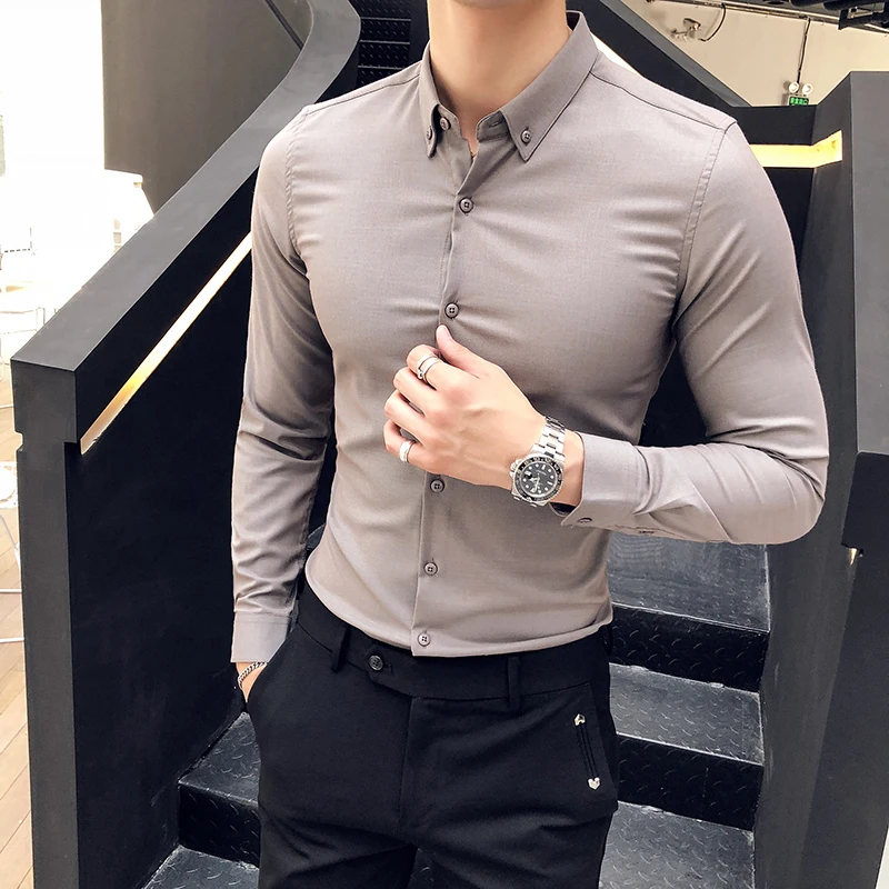 2019 Новая мода бутик одноцветная Мужская Повседневная деловая рубашка с длинными рукавами Британский тренд против морщин Мужская тонкая