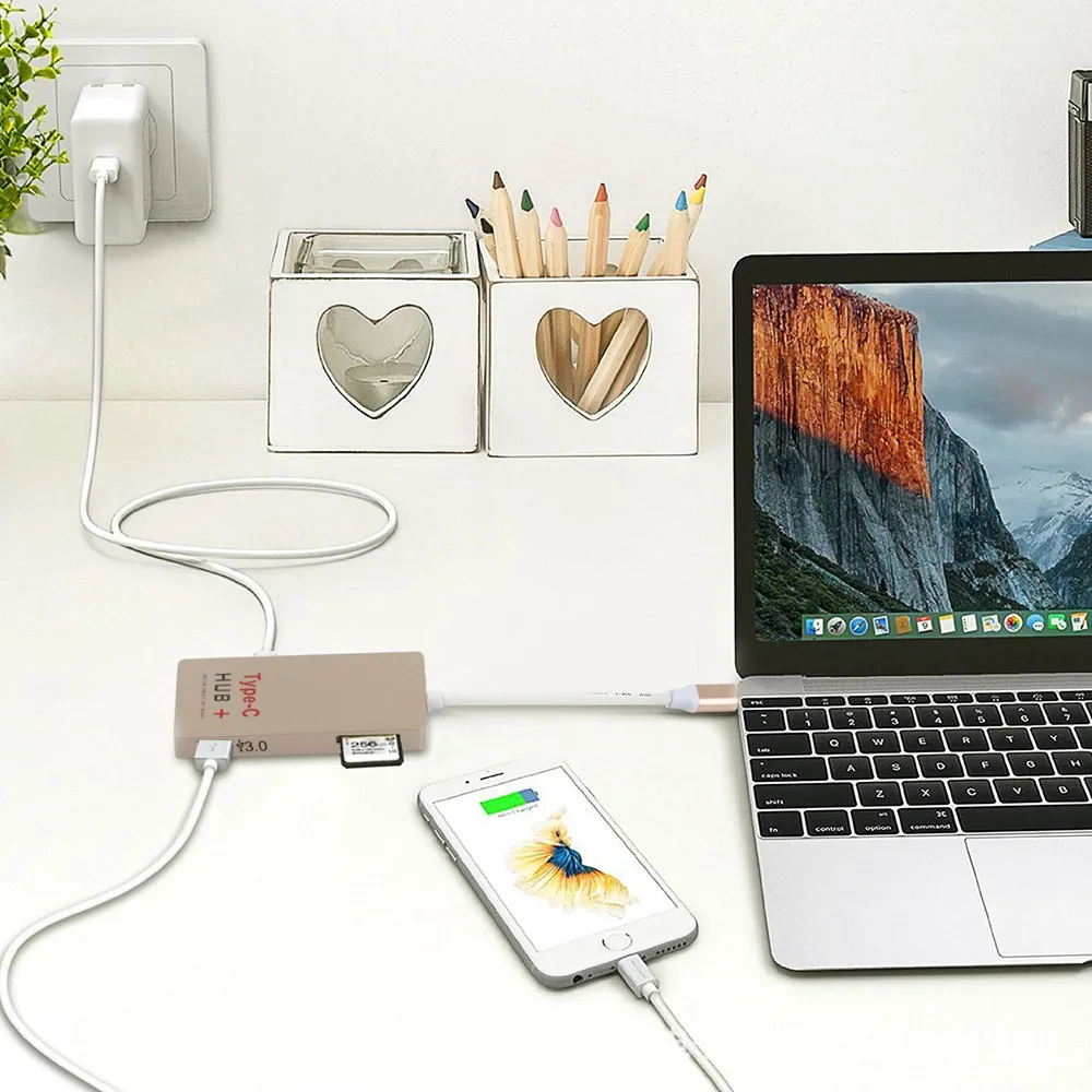 

2018 Multifunction 6-Ports Usb 3.1 type c HUB SD Card Reader U-disk 4K HDTV 0.5ft USB Data Cable for Macbook Pro Mac PC Laptop